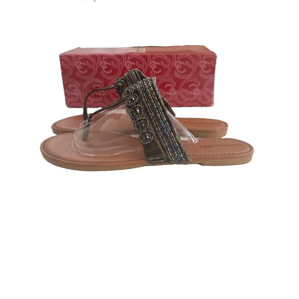 🆕Charming Charlie Beaded T-Strap Slip On Flat Sandals Womens 11 EU 41 Brown NIB